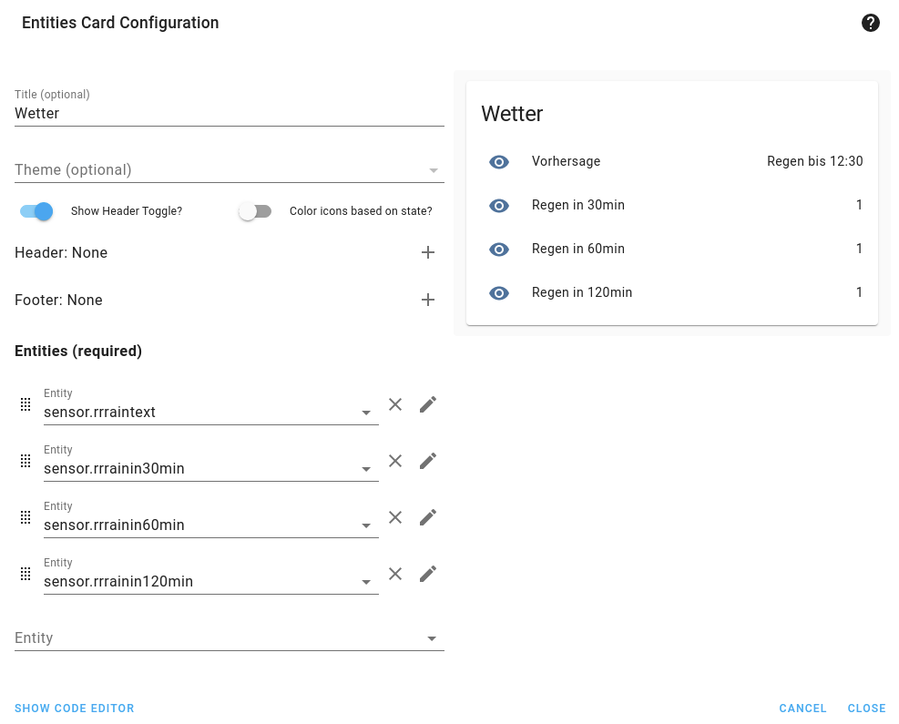 Home Assistant entity card with the new rain sensors