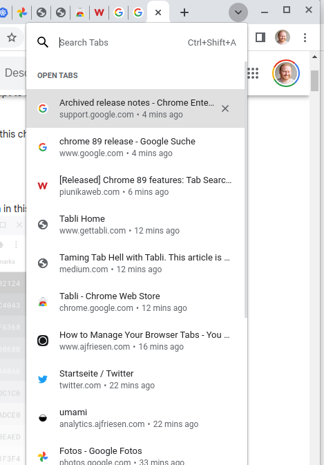 Screenshot of Google Chrome tab search in usage