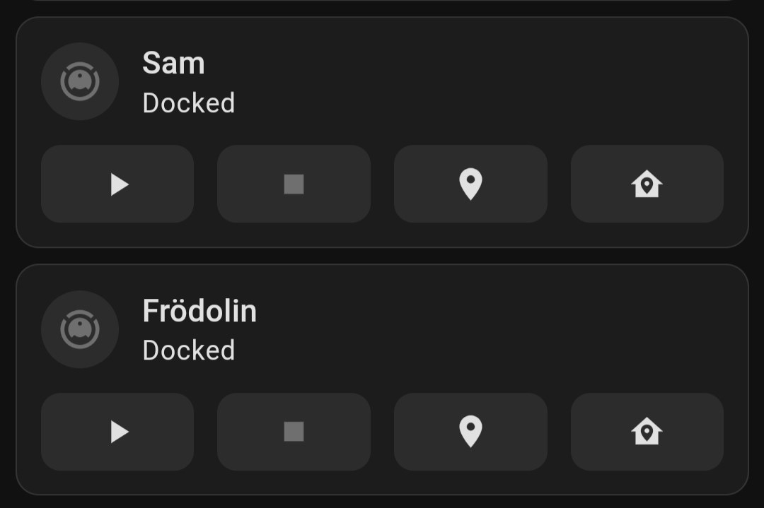 Screenshot showing the Home Assistant Tile Cards. Basically a button for each feature the robot vacuum has. Cleaning, Stopping ,Locating and returning to the dock.