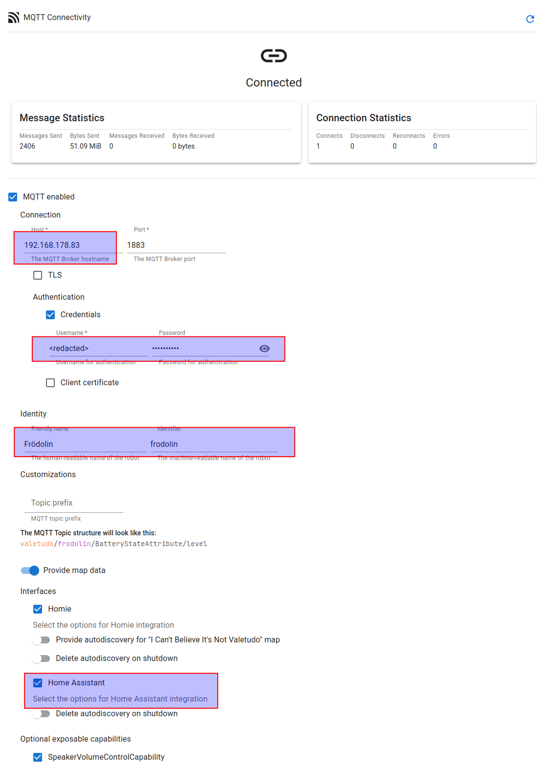 Screenshot showing the MQTT settings page