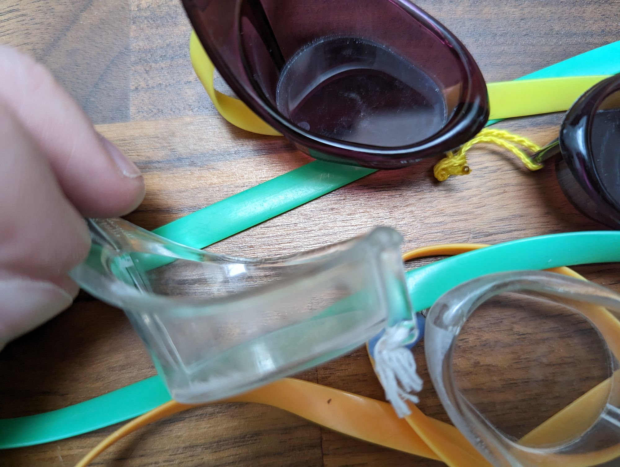 Closeup photo of transparent Swedish goggles made of hard plastic