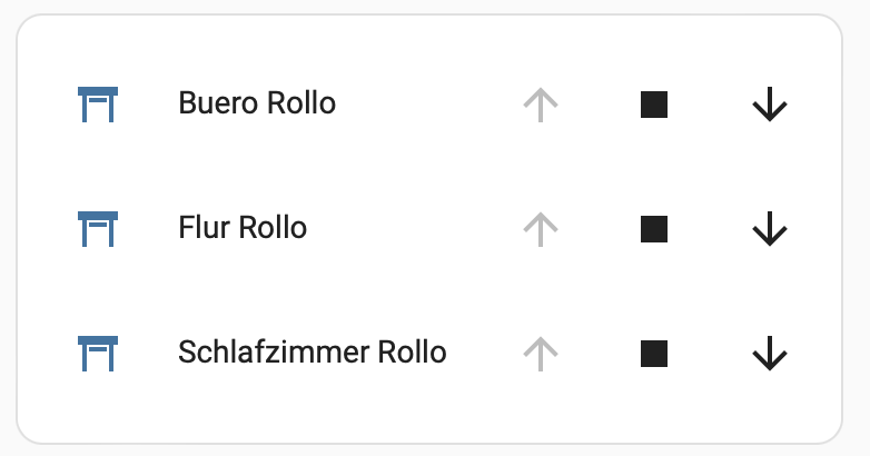 Image shows 3 entities in Home Assistant for each cover with up, stop and down as control scheme