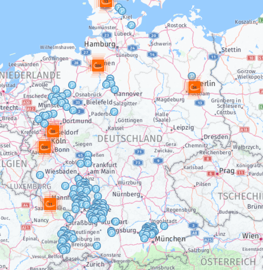 A map of cambio car stations in Germany