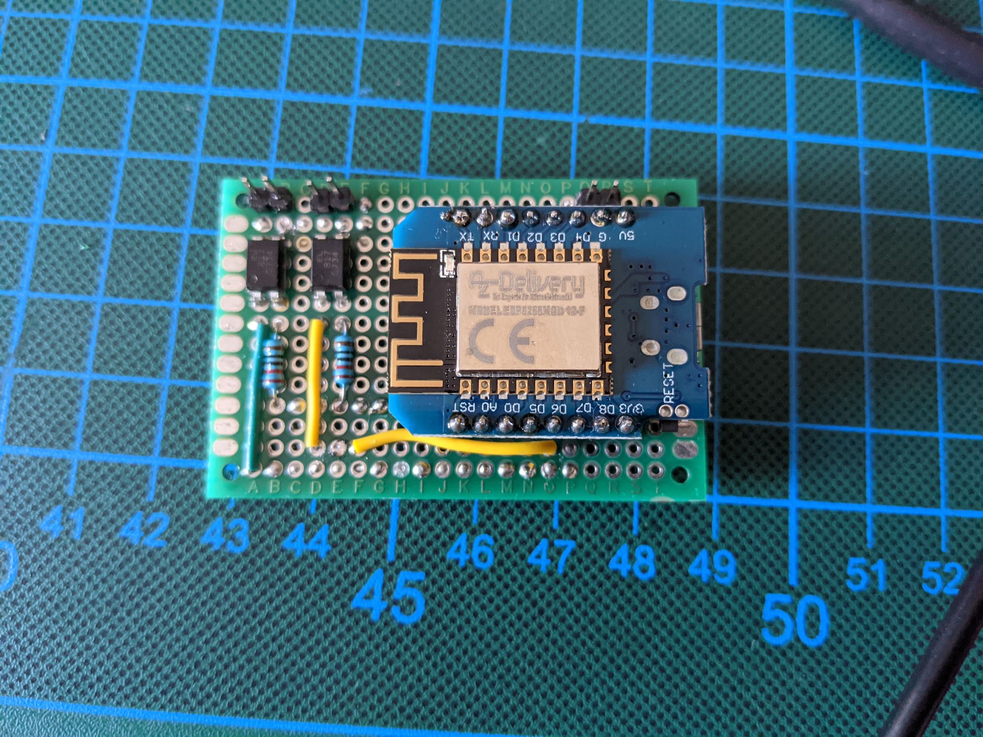 breadboard with an ESP8266 and other components