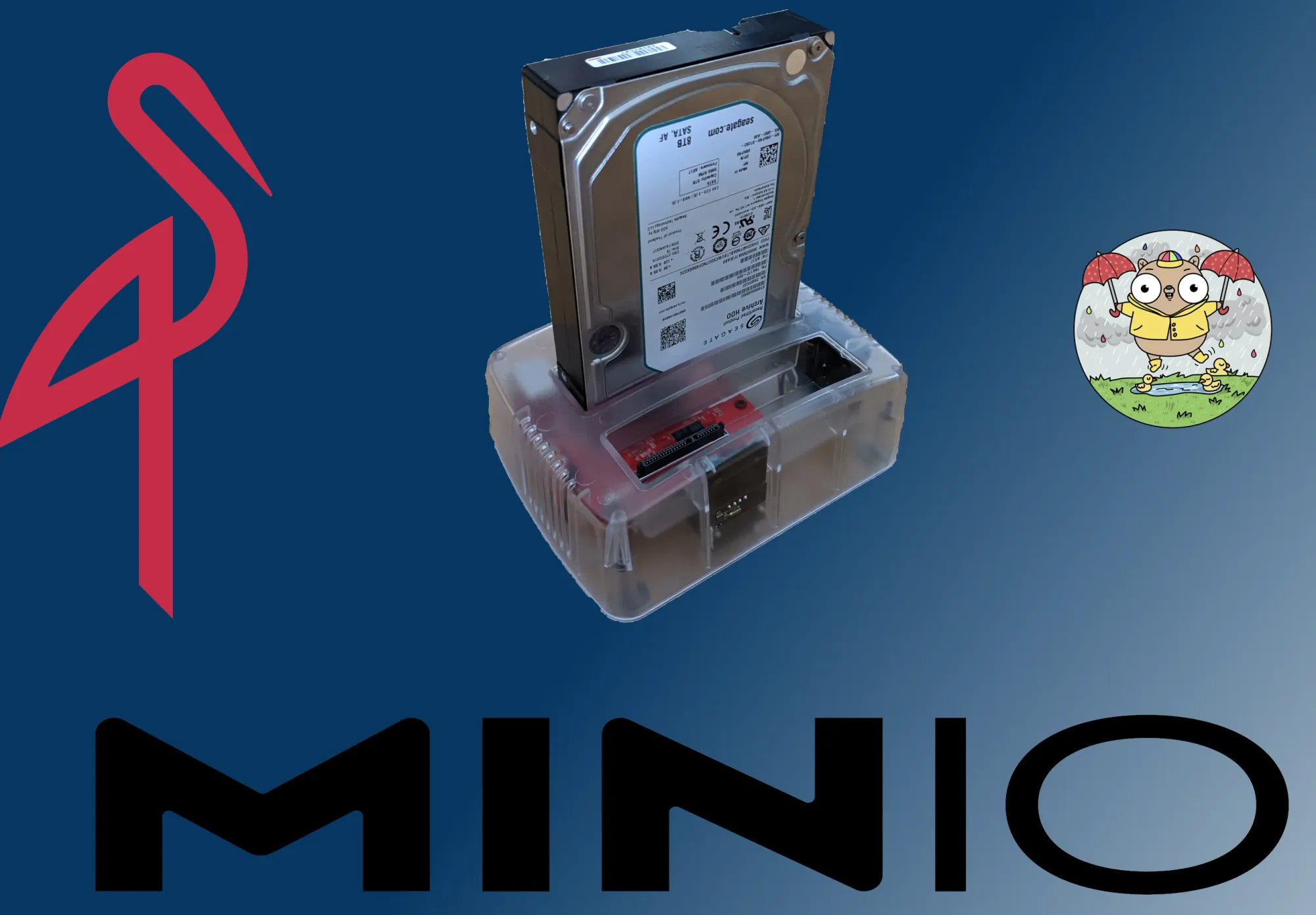 Minio Logo with an Odroid HC4 board and the restic logo 