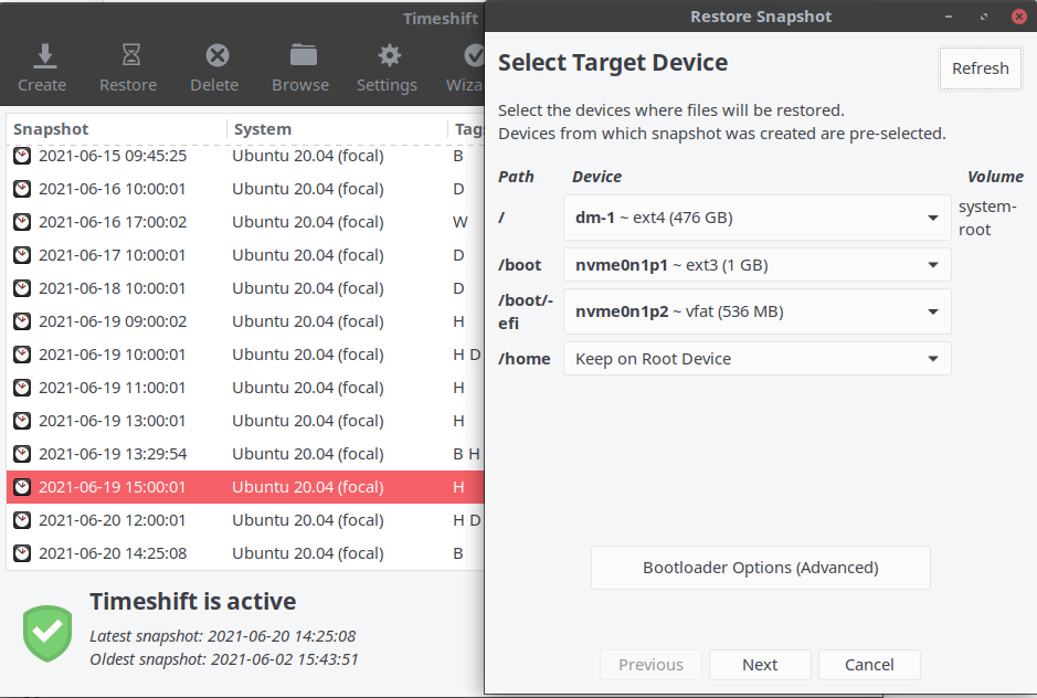 Restore snapshot with timeshift from a live medium with LUKS and LVM
